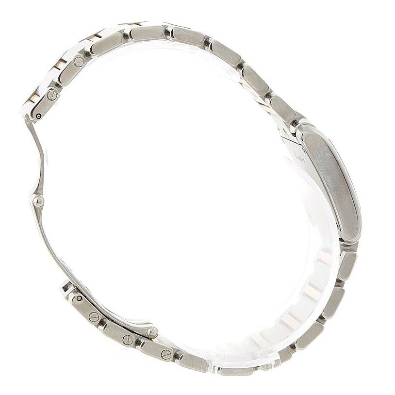 This image shows a side angle of the band and case of a Cartier Tank Française model watch.