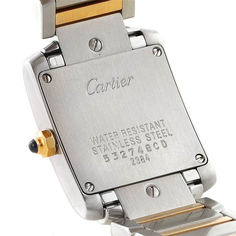 This image shows the back case and part of the bracelet of a Cartier Tank Francaise W51007Q4 Women's Steel and Gold (two tone) Silver Dial W51007Q4 Women's Steel and Gold (two tone) Silver Dial watch at an angled view.