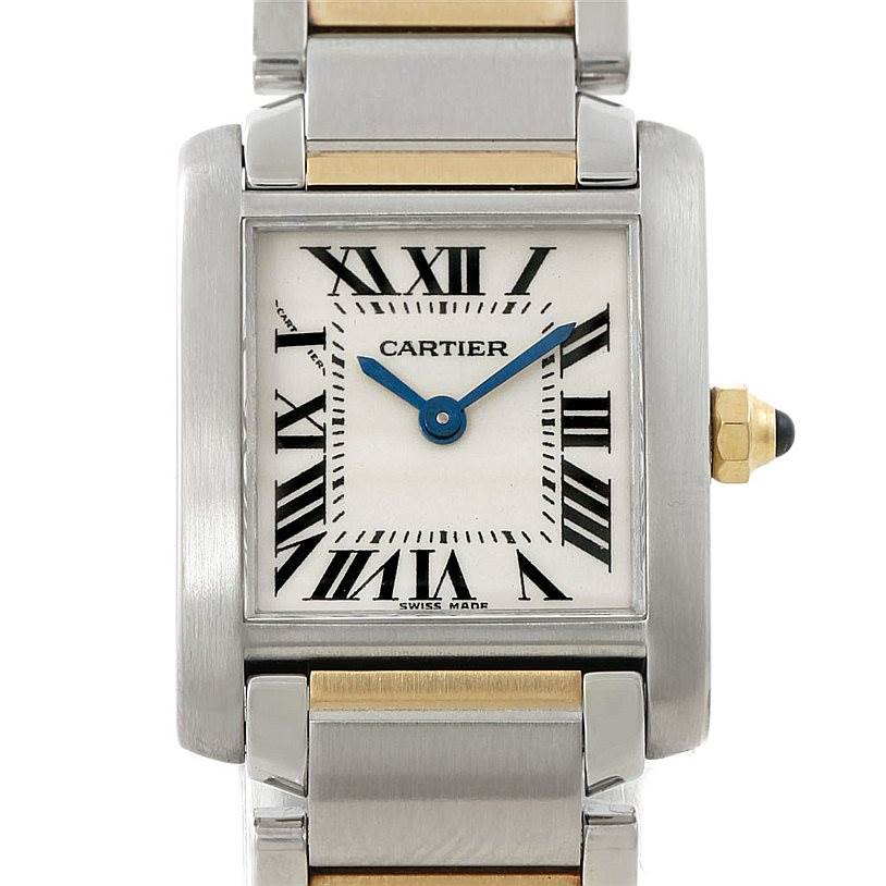 The Cartier Tank Francaise W51007Q4 Women's Steel and Gold (two tone) Silver Dial W51007Q4 Women's Steel and Gold (two tone) Silver Dial watch is shown from a front angle, displaying the face, Roman numeral markers, and part of the stainless steel and gold bracelet.