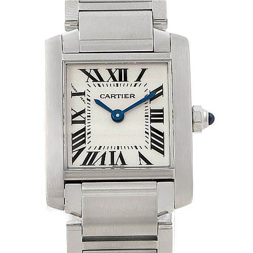 The image shows a front angle of the Cartier Tank Francaise W51008Q3 Women's Stainless Steel Silver Dial W51008Q3 Women's Stainless Steel Silver Dial watch, highlighting its rectangular face, Roman numerals, and metal bracelet.