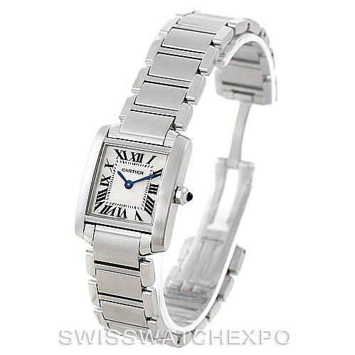 The image shows a side and front view of the Cartier Tank Francaise W51008Q3 Women's Stainless Steel Silver Dial W51008Q3 Women's Stainless Steel Silver Dial watch, highlighting its square face and stainless steel bracelet.