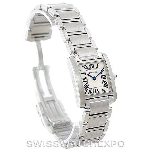 This image shows a Cartier Tank Française watch at a slight angle, highlighting its square face and stainless steel bracelet.
