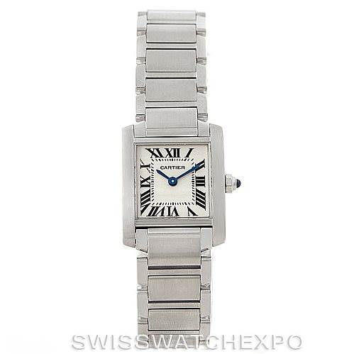 This image shows a front view of a Cartier Tank Française watch featuring its rectangular face and metal bracelet.