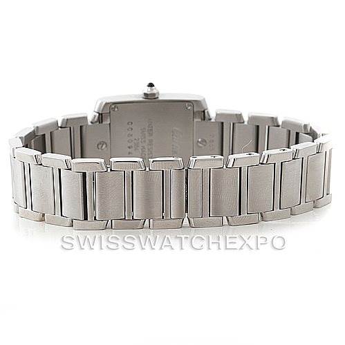 The image shows the rear view of a Cartier Tank Francaise W51008Q3 Women's Stainless Steel Silver Dial W51008Q3 Women's Stainless Steel Silver Dial watch with a close-up of its stainless steel bracelet.