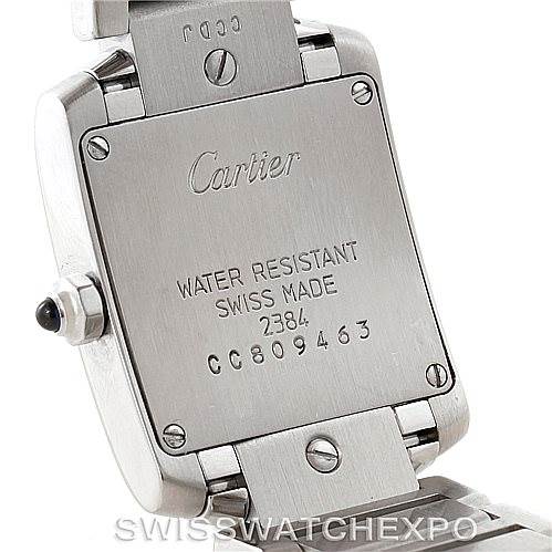 This image shows the back case and bracelet of a Cartier Tank Française watch from a slight side angle.