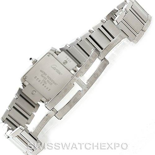 The image shows the back and bracelet of a Cartier Tank Française watch, highlighting the clasp and links in a partially open position.