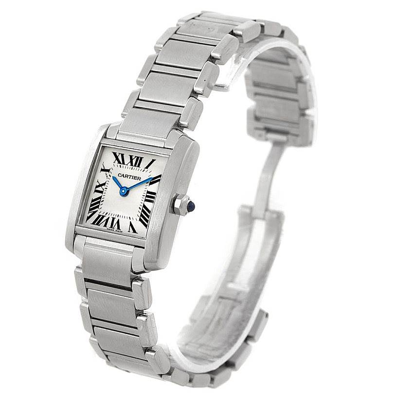 The image shows a side view of a Cartier Tank Francaise W51008Q3 Women's Stainless Steel Silver Dial W51008Q3 Women's Stainless Steel Silver Dial watch, highlighting its rectangular face and metal bracelet.