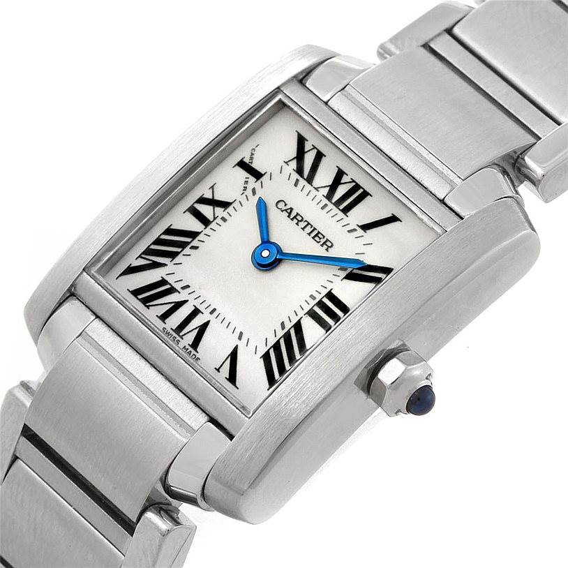 The image shows the Cartier Tank Française watch at a slight angle, highlighting the watch face, crown, and a portion of the bracelet.