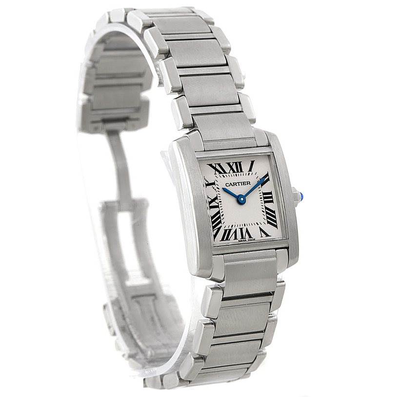 The Cartier Tank Francaise W51008Q3 Women's Stainless Steel Silver Dial W51008Q3 Women's Stainless Steel Silver Dial watch is shown from a front angle, highlighting its rectangular dial, Roman numerals, and metal bracelet.