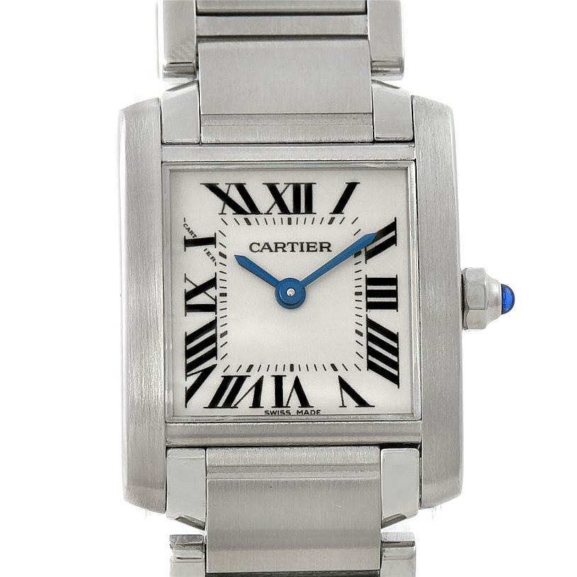 This image shows the face and part of the metal bracelet of the Cartier Tank Francaise W51008Q3 Women's Stainless Steel Silver Dial W51008Q3 Women's Stainless Steel Silver Dial watch from a front angle.