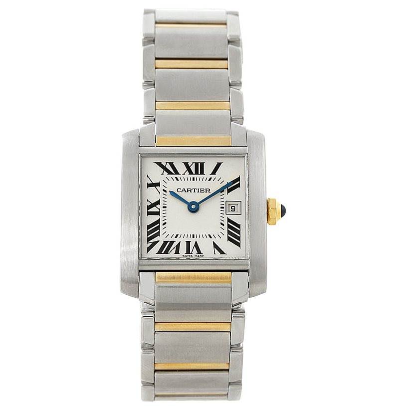 The image shows a frontal view of a Cartier Tank Francaise W51012Q4 Women's Steel and Gold (two tone) Silver Dial W51012Q4 Women's Steel and Gold (two tone) Silver Dial watch with a metal and gold-plated bracelet.