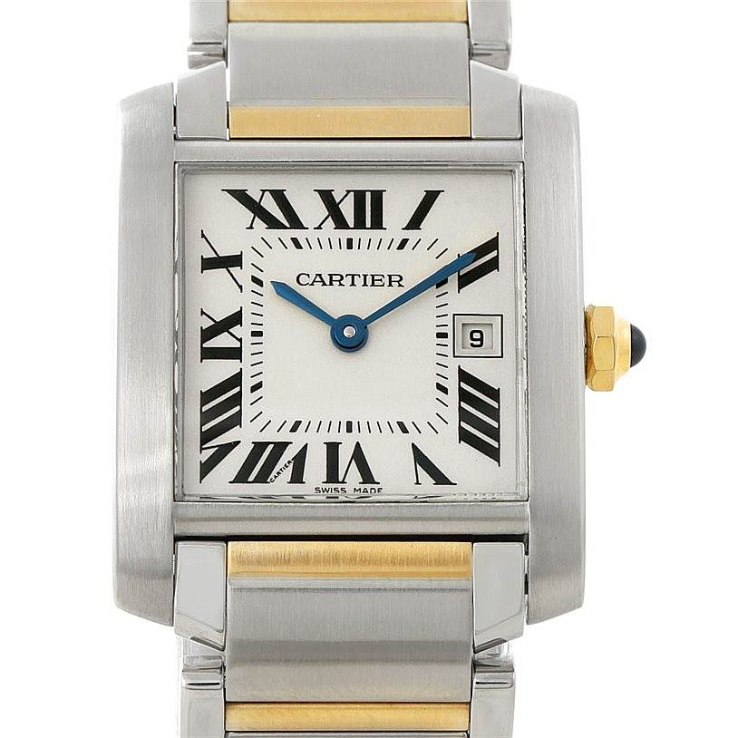 This Cartier Tank Francaise W51012Q4 Women's Steel and Gold (two tone) Silver Dial W51012Q4 Women's Steel and Gold (two tone) Silver Dial watch is shown from the front, displaying its face, Roman numerals, and part of its two-tone metal bracelet.