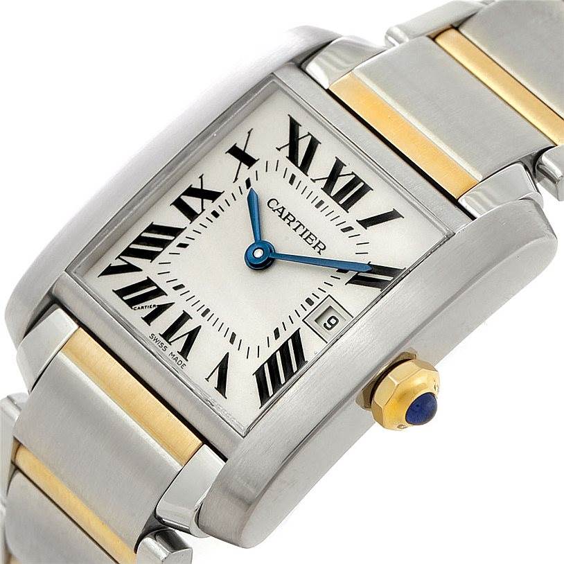 The image shows a Cartier Tank Française watch angled slightly from the side, highlighting its rectangular face, Roman numerals, and bracelet.