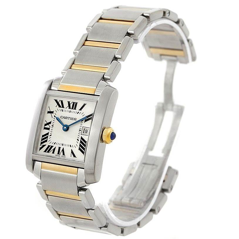 This image shows a Cartier Tank Française watch at an angle showcasing its face, bezel, crown, and bracelet.