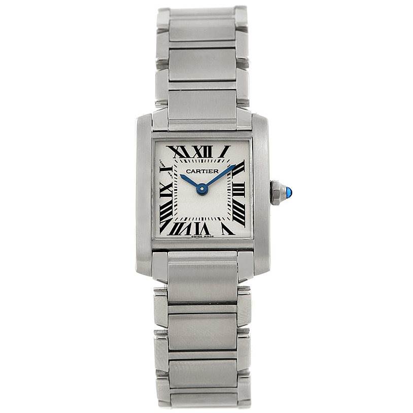 The image shows a Cartier Tank Francaise W51008Q3 Women's Stainless Steel Silver Dial W51008Q3 Women's Stainless Steel Silver Dial watch from a frontal angle, displaying the face, bracelet, and crown.
