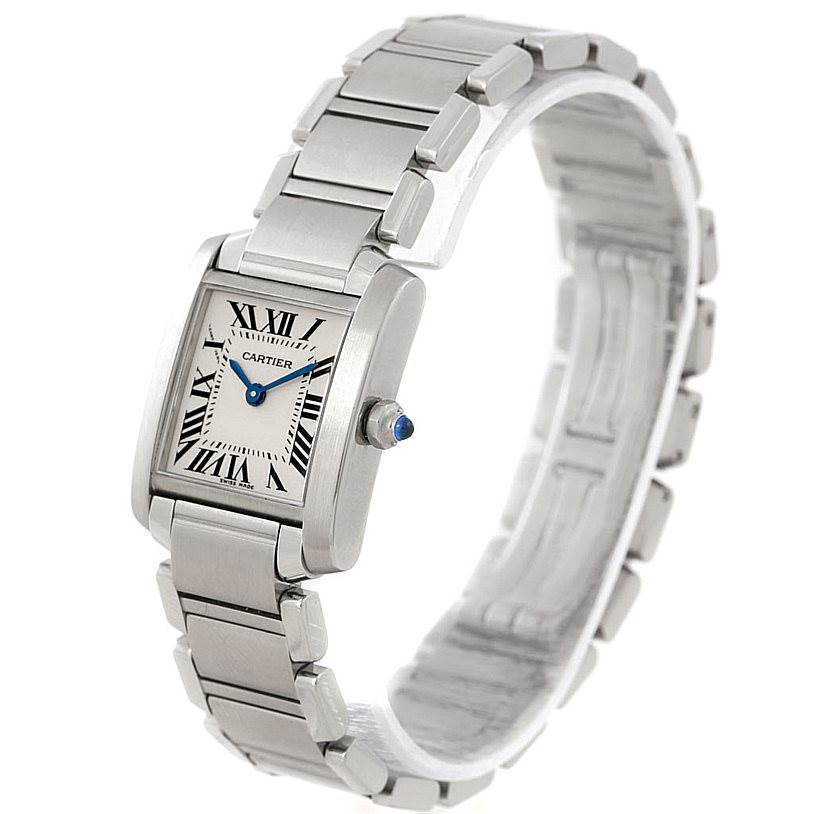The Cartier Tank Francaise W51008Q3 Women's Stainless Steel Silver Dial W51008Q3 Women's Stainless Steel Silver Dial watch is shown at a slight side angle, displaying its stainless steel band and rectangular dial with Roman numerals.