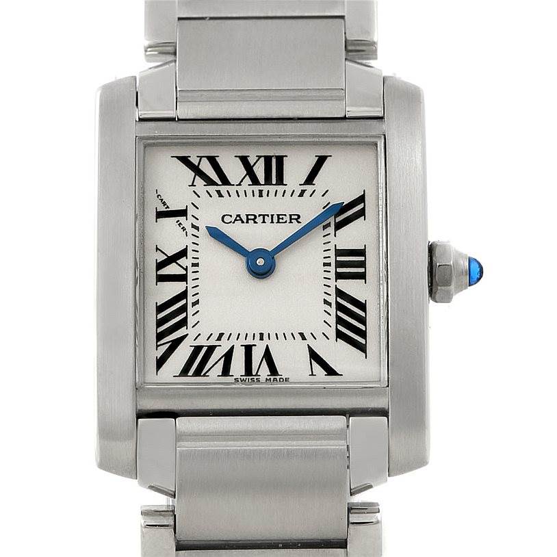 This image shows a front view of the Cartier Tank Francaise W51008Q3 Women's Stainless Steel Silver Dial W51008Q3 Women's Stainless Steel Silver Dial watch, displaying the face, bezel, dial, and part of the bracelet.