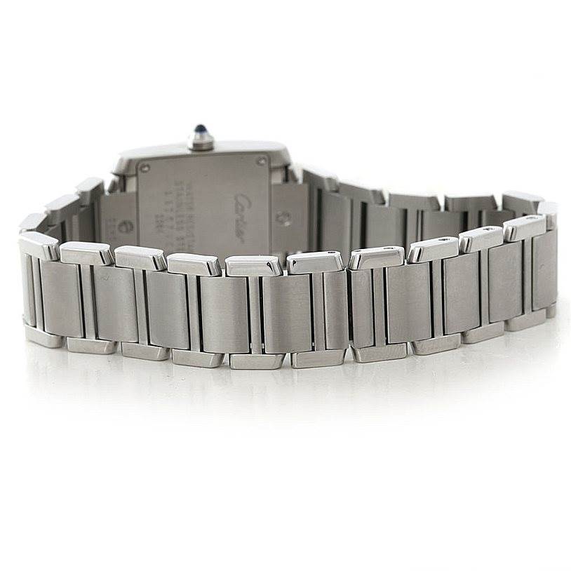 The image shows the back and bracelet of a Cartier Tank Francaise W51008Q3 Women's Stainless Steel Silver Dial W51008Q3 Women's Stainless Steel Silver Dial watch, highlighting the stainless steel links and case back.