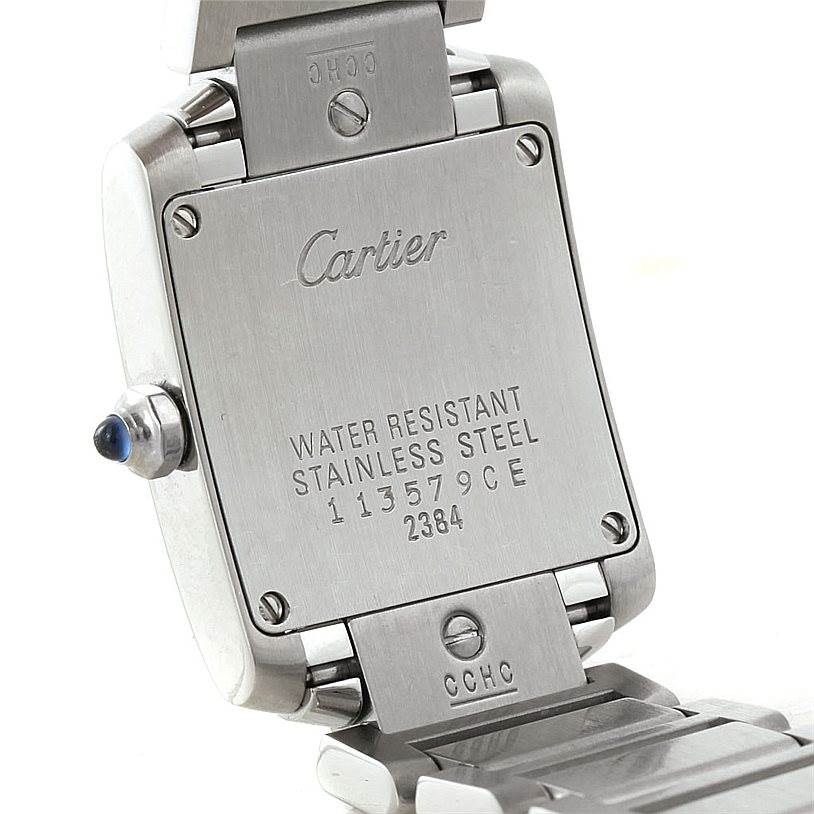 This image shows the back and part of the bracelet of a Cartier Tank Francaise W51008Q3 Women's Stainless Steel Silver Dial W51008Q3 Women's Stainless Steel Silver Dial watch.