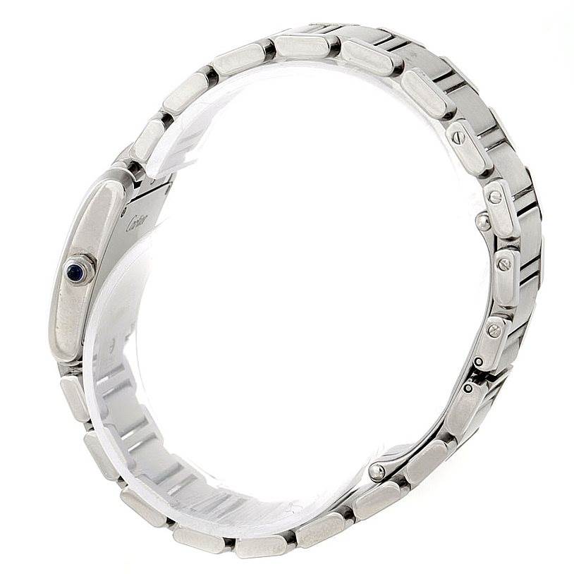 The image shows the side view of the Cartier Tank Francaise W51008Q3 Women's Stainless Steel Silver Dial W51008Q3 Women's Stainless Steel Silver Dial watch, highlighting its bracelet and crown.