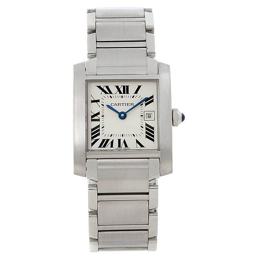 This is a front view of the Cartier Tank Francaise W51011Q3 Women's Stainless Steel Silver Dial W51011Q3 Women's Stainless Steel Silver Dial model, showing the face, bracelet, and crown.