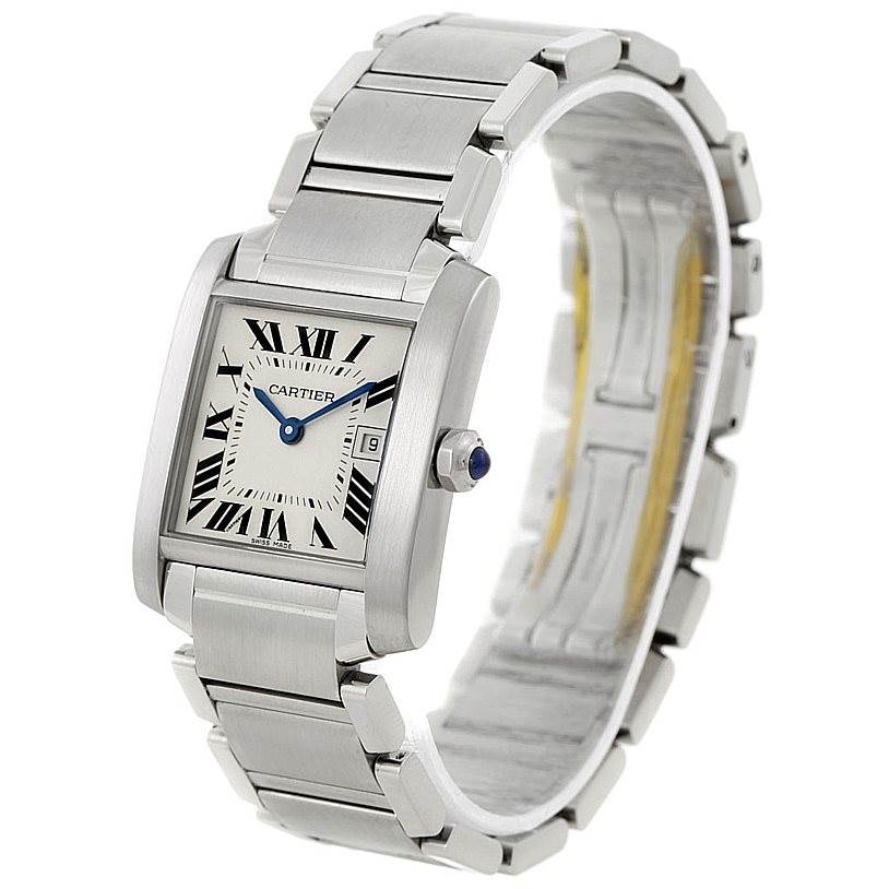 The Cartier Tank Francaise W51011Q3 Women's Stainless Steel Silver Dial W51011Q3 Women's Stainless Steel Silver Dial watch is shown from a slight angle, displaying its face, bracelet, and crown.