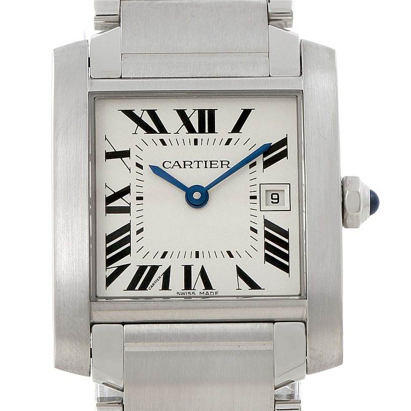 This image shows a front view of the Cartier Tank Francaise W51011Q3 Women's Stainless Steel Silver Dial W51011Q3 Women's Stainless Steel Silver Dial watch, highlighting its face, Roman numerals, and bracelet.