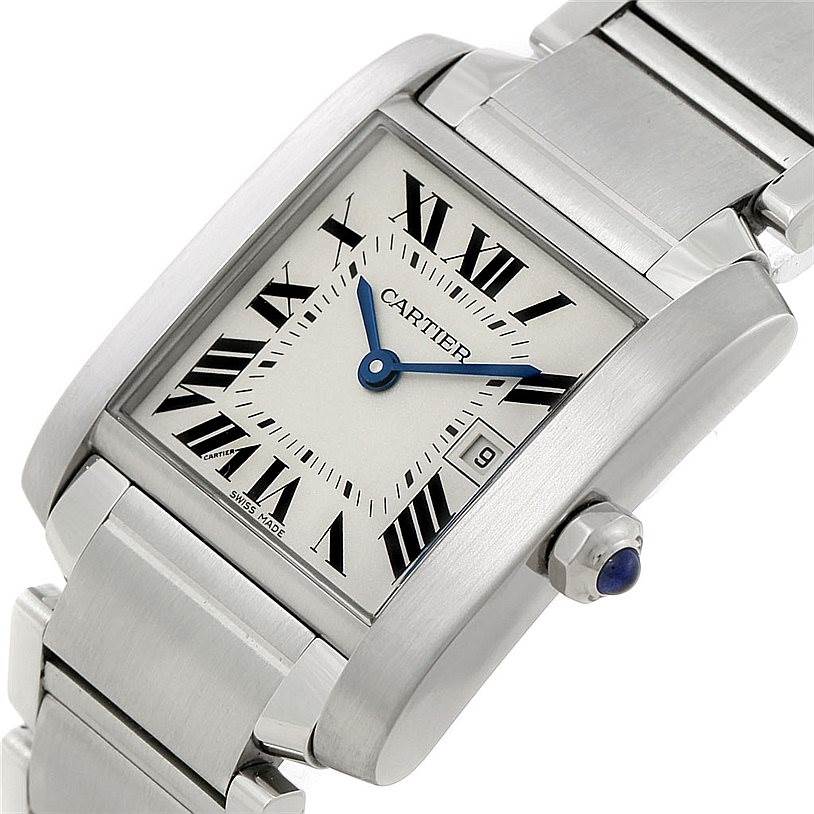 The image shows a close-up angled view of the Cartier Tank Francaise W51011Q3 Women's Stainless Steel Silver Dial W51011Q3 Women's Stainless Steel Silver Dial watch, highlighting the dial, case, and part of the bracelet.