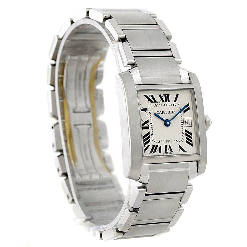 The image shows a Cartier Tank Francaise W51011Q3 Women's Stainless Steel Silver Dial W51011Q3 Women's Stainless Steel Silver Dial watch at a three-quarter angle, highlighting its face, bracelet, and clasp.