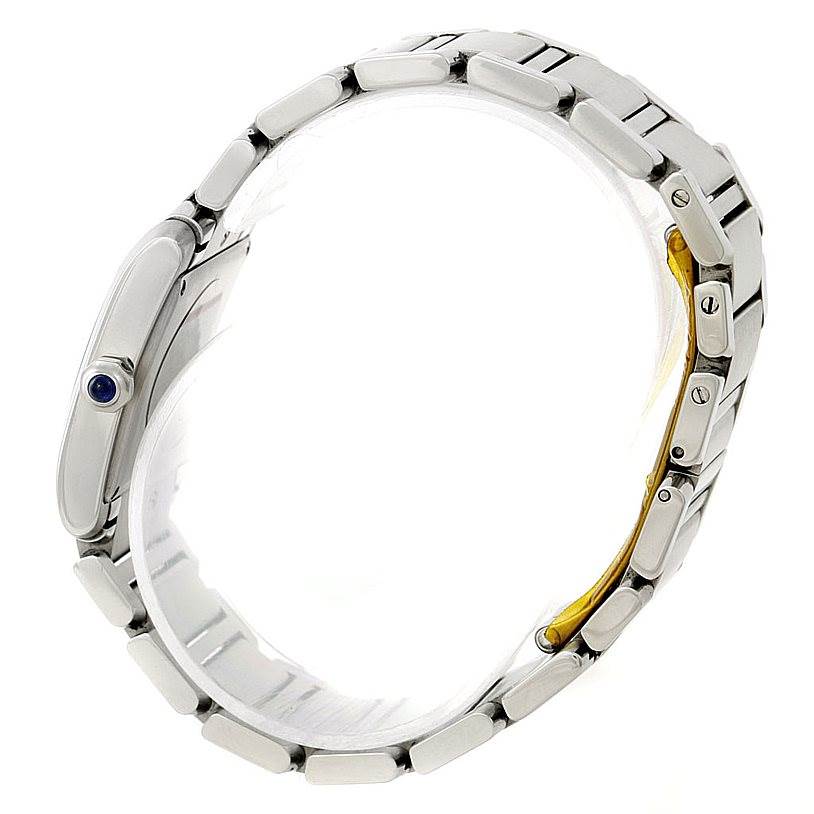 The image shows a side view of the Cartier Tank Francaise W51011Q3 Women's Stainless Steel Silver Dial W51011Q3 Women's Stainless Steel Silver Dial watch, highlighting the bracelet and crown with a blue cabochon.