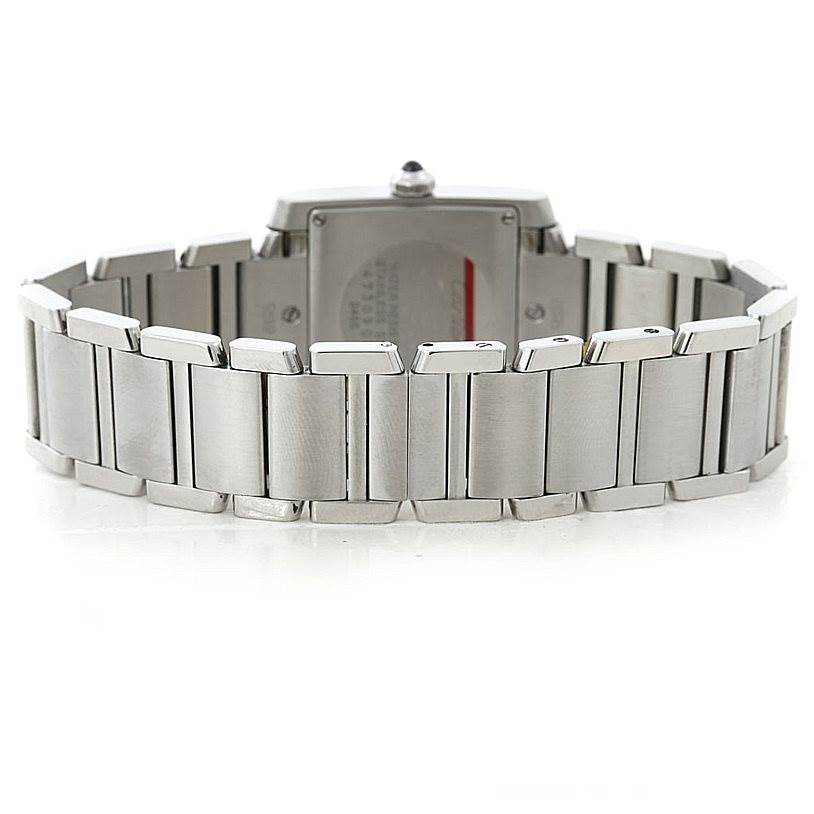 The image shows the back view of the Cartier Tank Francaise W51011Q3 Women's Stainless Steel Silver Dial W51011Q3 Women's Stainless Steel Silver Dial watch, highlighting the metal bracelet and case back.