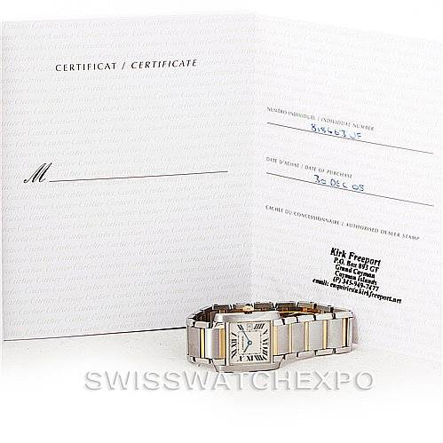 The Cartier Tank Francaise W51012Q4 Women's Steel and Gold (two tone) Silver Dial W51012Q4 Women's Steel and Gold (two tone) Silver Dial watch is shown lying flat with its certificate of authenticity displayed behind it.