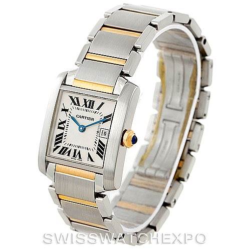 This image shows a Cartier Tank Francaise W51012Q4 Women's Steel and Gold (two tone) Silver Dial W51012Q4 Women's Steel and Gold (two tone) Silver Dial watch at a three-quarter angle, highlighting its face, bracelet, and crown.