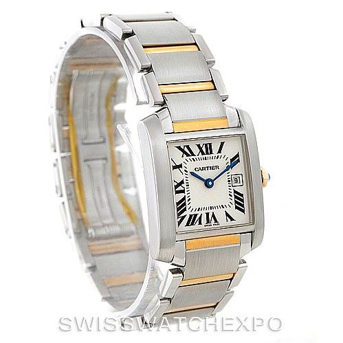 The image shows a Cartier Tank Francaise W51012Q4 Women's Steel and Gold (two tone) Silver Dial W51012Q4 Women's Steel and Gold (two tone) Silver Dial watch from a slightly angled front view, showcasing its two-tone metal band and square dial.