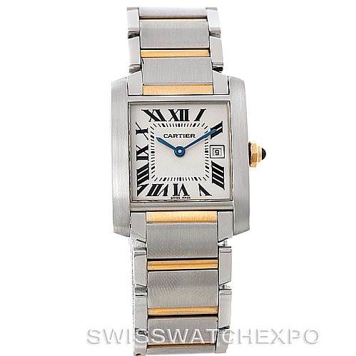 The Cartier Tank Francaise W51012Q4 Women's Steel and Gold (two tone) Silver Dial W51012Q4 Women's Steel and Gold (two tone) Silver Dial watch is displayed from a top-down angle, showing its face, bezel, and bracelet with both gold and silver accents.