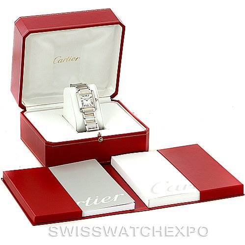 The image shows a Cartier Tank Francaise W51012Q4 Women's Steel and Gold (two tone) Silver Dial W51012Q4 Women's Steel and Gold (two tone) Silver Dial watch at an angled front view, with its box and accompanying booklets.