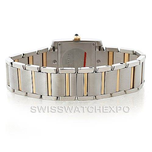 This image shows the back view of a Cartier Tank Francaise W51012Q4 Women's Steel and Gold (two tone) Silver Dial W51012Q4 Women's Steel and Gold (two tone) Silver Dial watch, focusing on its stainless steel and gold bracelet.