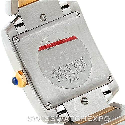 This image displays the back case of the Cartier Tank Francaise W51012Q4 Women's Steel and Gold (two tone) Silver Dial W51012Q4 Women's Steel and Gold (two tone) Silver Dial watch, showing details like water resistance, material, and serial numbers.