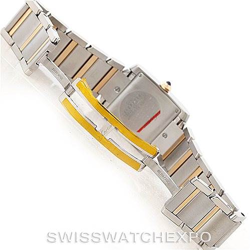 The image shows the back view of a Cartier Tank Francaise W51012Q4 Women's Steel and Gold (two tone) Silver Dial W51012Q4 Women's Steel and Gold (two tone) Silver Dial watch, focusing on its bracelet and clasp.