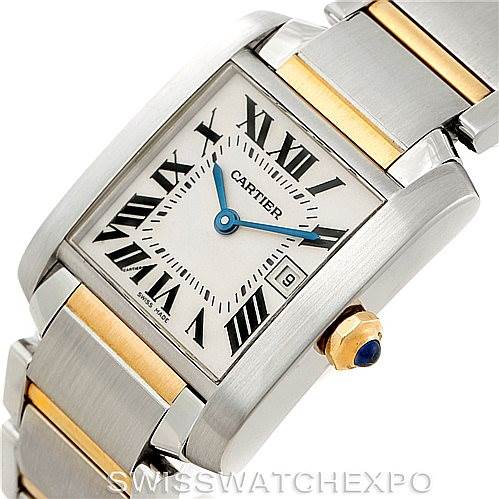 The image shows a close-up angled view of the Cartier Tank Francaise W51012Q4 Women's Steel and Gold (two tone) Silver Dial W51012Q4 Women's Steel and Gold (two tone) Silver Dial watch, highlighting the face, crown, and part of the bracelet.