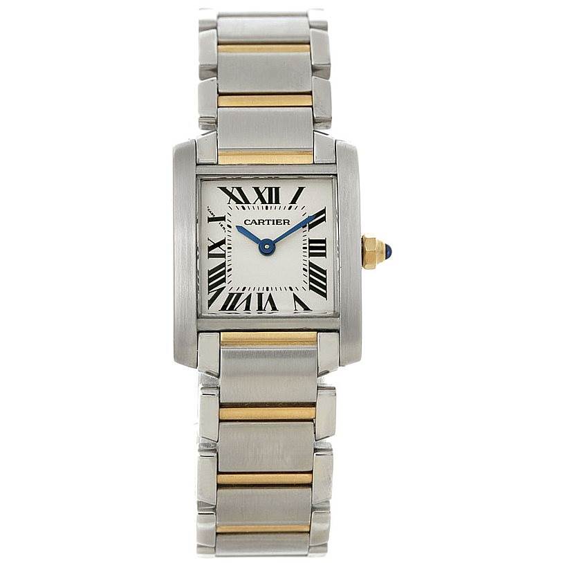 This image shows a front view of a Cartier Tank Française watch, featuring its dial and metal bracelet.