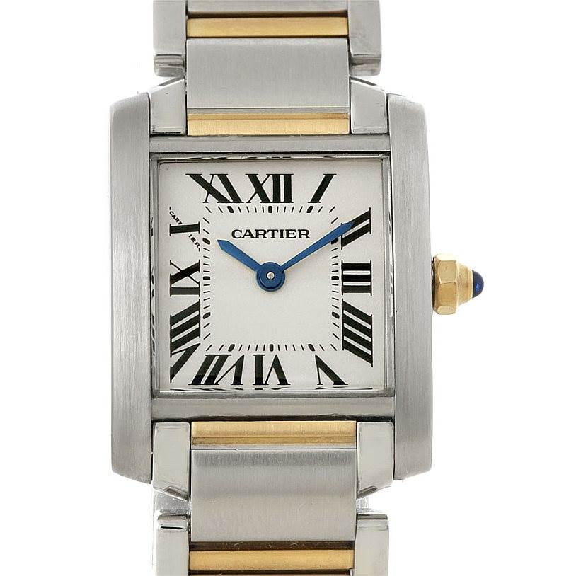 The image shows a front view of the Cartier Tank Francaise W51007Q4 Women's Steel and Gold (two tone) Silver Dial W51007Q4 Women's Steel and Gold (two tone) Silver Dial watch, highlighting its dial, hands, and part of the bracelet.