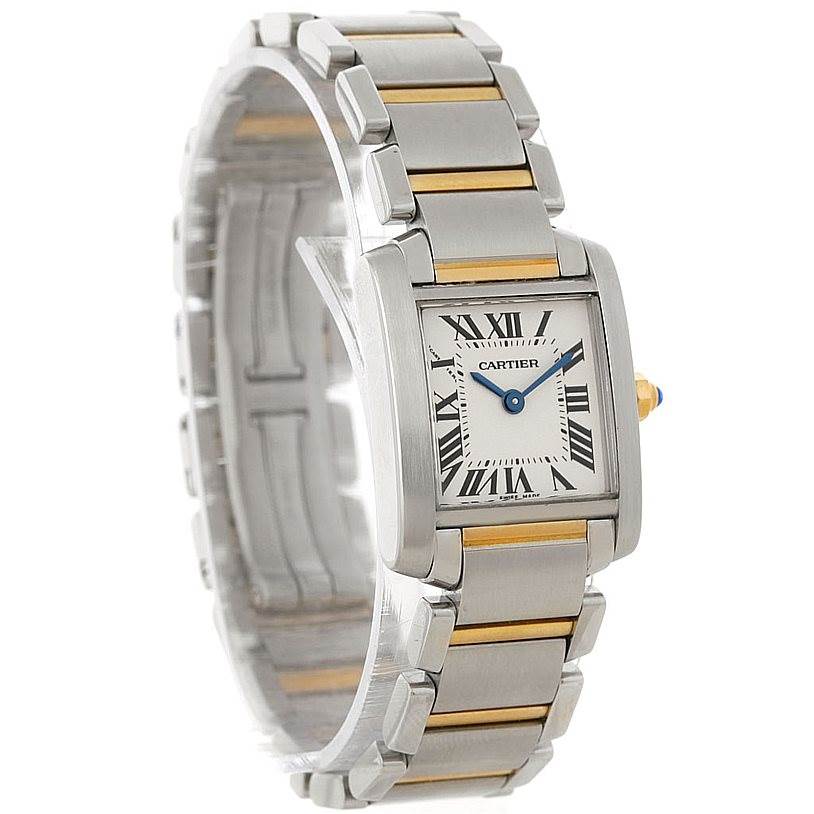 This image shows a Cartier Tank Francaise W51007Q4 Women's Steel and Gold (two tone) Silver Dial W51007Q4 Women's Steel and Gold (two tone) Silver Dial watch at a three-quarter angle, displaying the dial, bracelet, and crown.