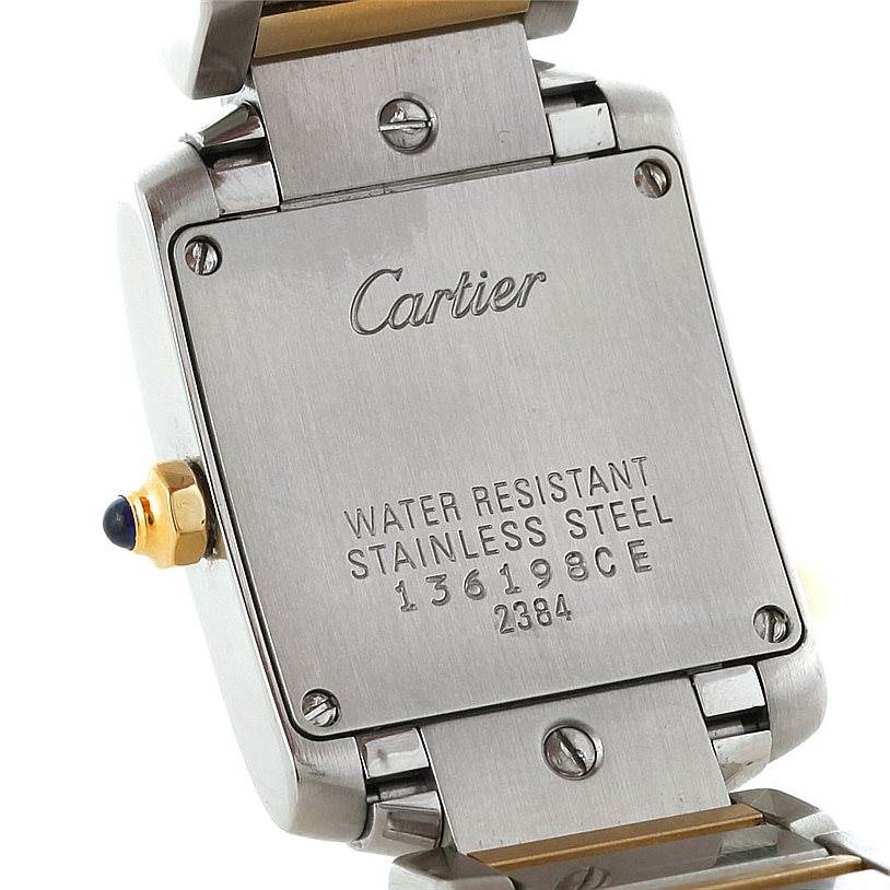 The image shows the back case of a Cartier Tank Francaise W51007Q4 Women's Steel and Gold (two tone) Silver Dial W51007Q4 Women's Steel and Gold (two tone) Silver Dial watch, highlighting its stainless steel material and water resistance.