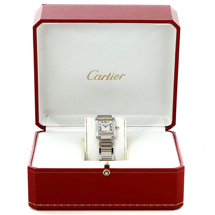 The image shows a Cartier Tank Francaise W51007Q4 Women's Steel and Gold (two tone) Silver Dial W51007Q4 Women's Steel and Gold (two tone) Silver Dial watch displayed in an open red Cartier box, viewed from the front.