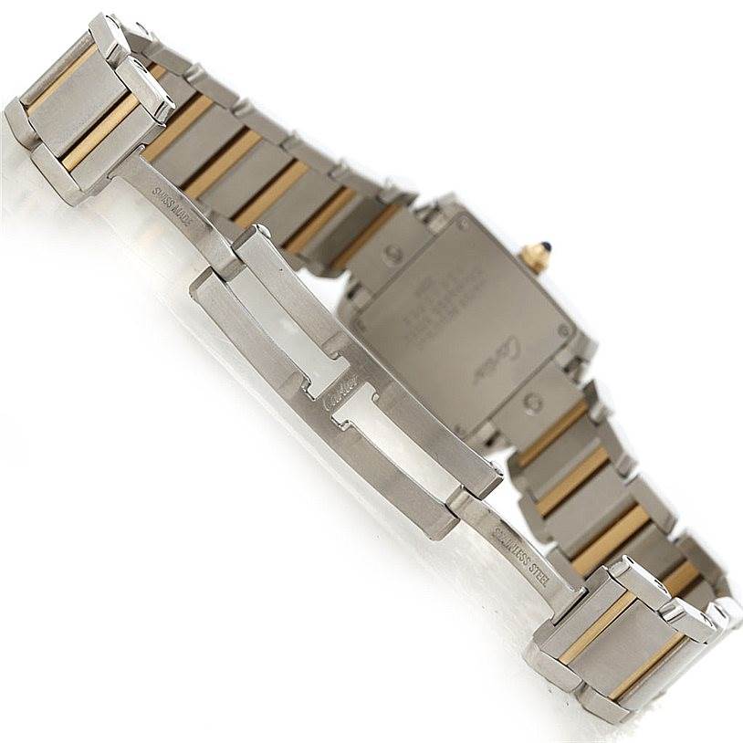 The image shows the backside and bracelet of a Cartier Tank Francaise W51007Q4 Women's Steel and Gold (two tone) Silver Dial W51007Q4 Women's Steel and Gold (two tone) Silver Dial watch, highlighting its stainless steel and gold links.