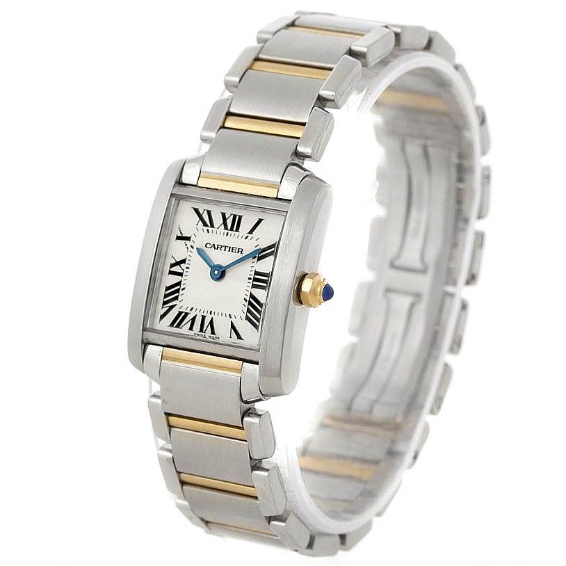 The image shows a side angle of the Cartier Tank Francaise W51007Q4 Women's Steel and Gold (two tone) Silver Dial W51007Q4 Women's Steel and Gold (two tone) Silver Dial watch, highlighting its face, dial, and two-tone bracelet.