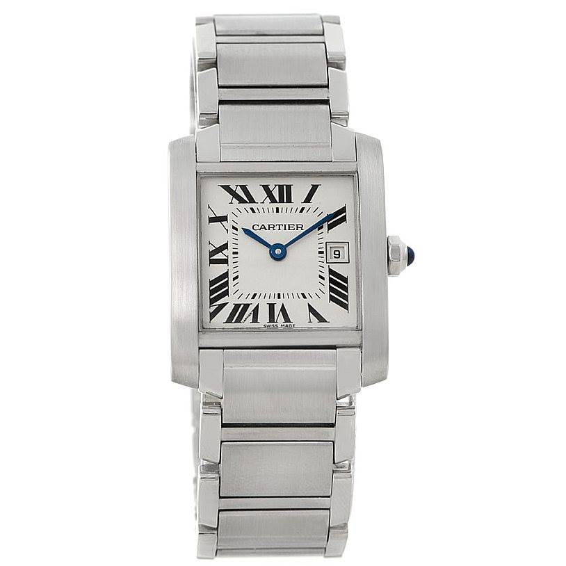 The Cartier Tank Française watch is shown from the front, displaying the face, bracelet, and crown.