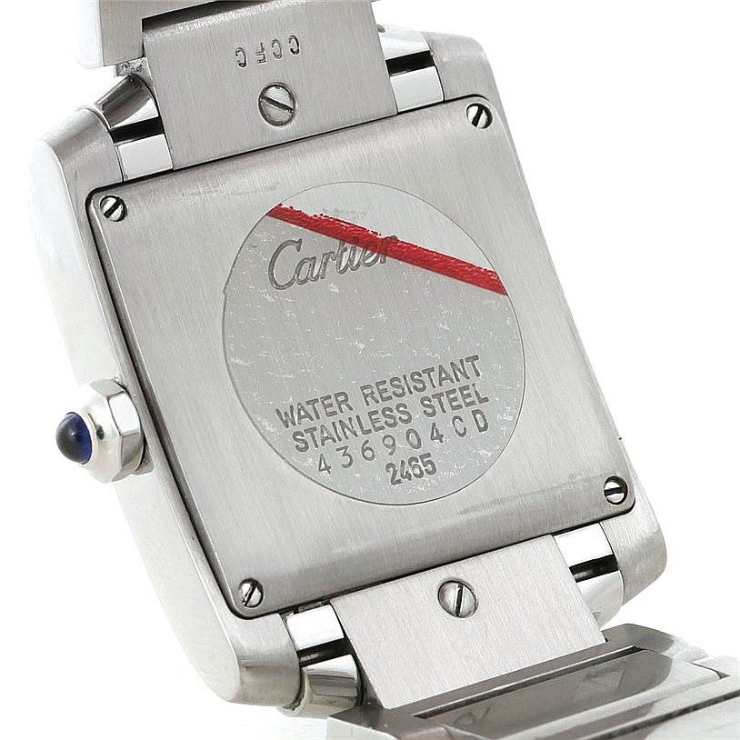 The image shows the back of the Cartier Tank Francaise W51011Q3 Women's Stainless Steel Silver Dial W51011Q3 Women's Stainless Steel Silver Dial watch, highlighting its stainless steel casing and water resistance rating.
