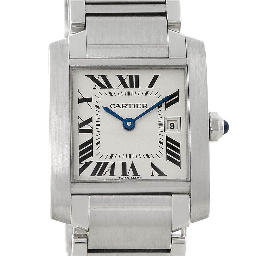 This image shows a front view of a Cartier Tank Francaise W51011Q3 Women's Stainless Steel Silver Dial W51011Q3 Women's Stainless Steel Silver Dial watch, including the face with Roman numerals, hands, and partial bracelet.